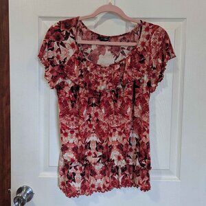 East 5th Size Medium Red & Pink Ruffled Collar Sleeves & Bottom Blouse